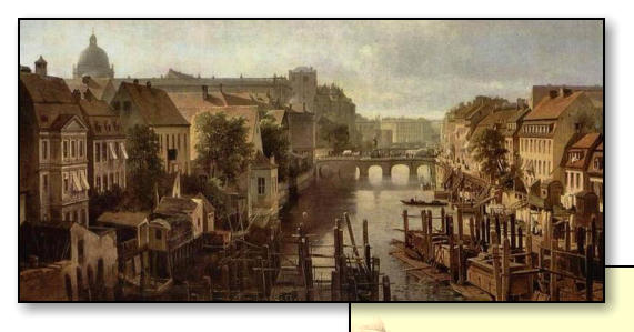 Spree von der Mhlendammbrcke um 1850. Gemlde von Albert Schwendy. Kurfrstenbrcke